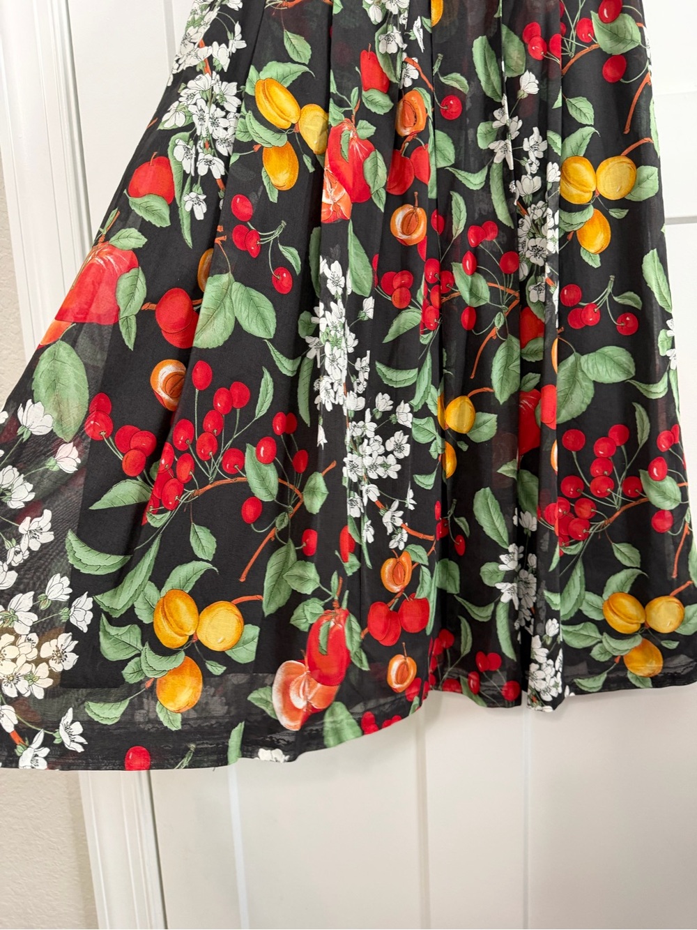 Vintage European Fruit Print Cotton Pleated Maxi Skirt - Picture 7 of 11
